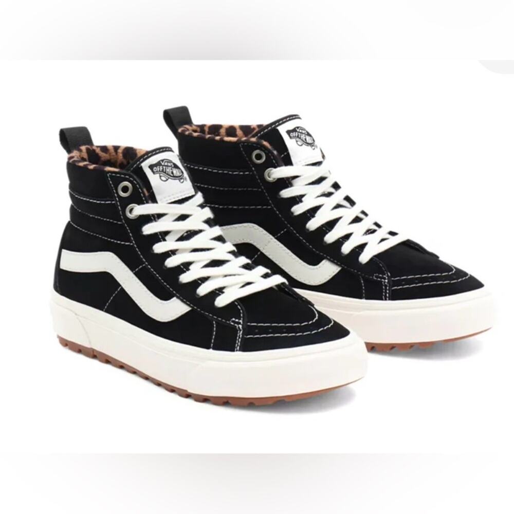 NEW VANS Sk8-Hi MTE BLACK SUEDE WHITE LEOPARD PRINT HIGH TOP SNEAKERS SZ 8